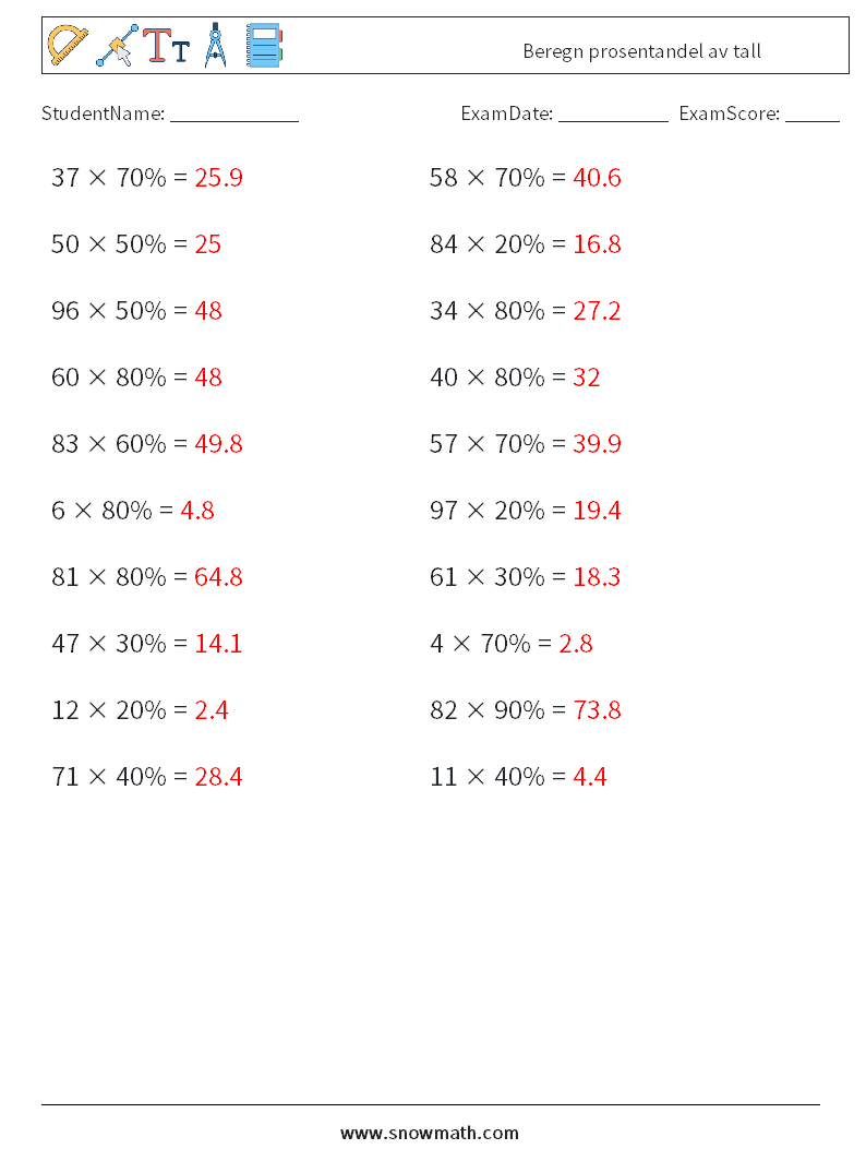 Beregn prosentandel av tall MathWorksheets 7 QuestionAnswer