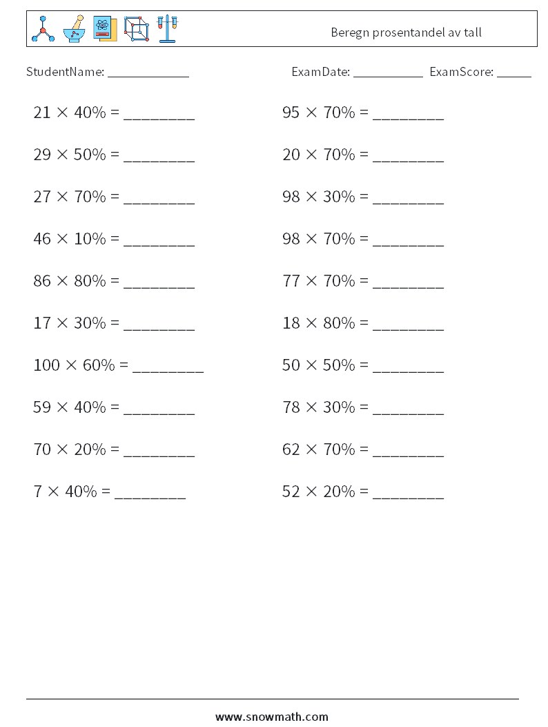 Beregn prosentandel av tall MathWorksheets 8