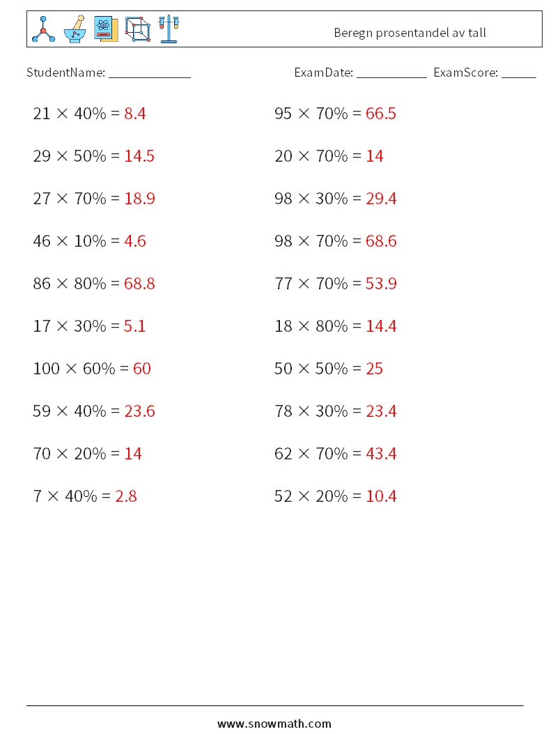 Beregn prosentandel av tall MathWorksheets 8 QuestionAnswer