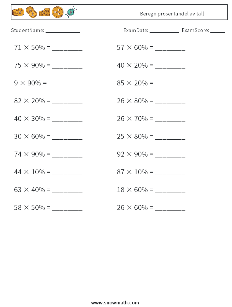 Beregn prosentandel av tall MathWorksheets 9