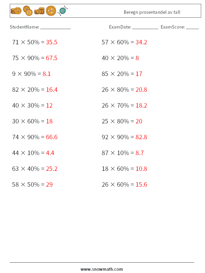 Beregn prosentandel av tall MathWorksheets 9 QuestionAnswer