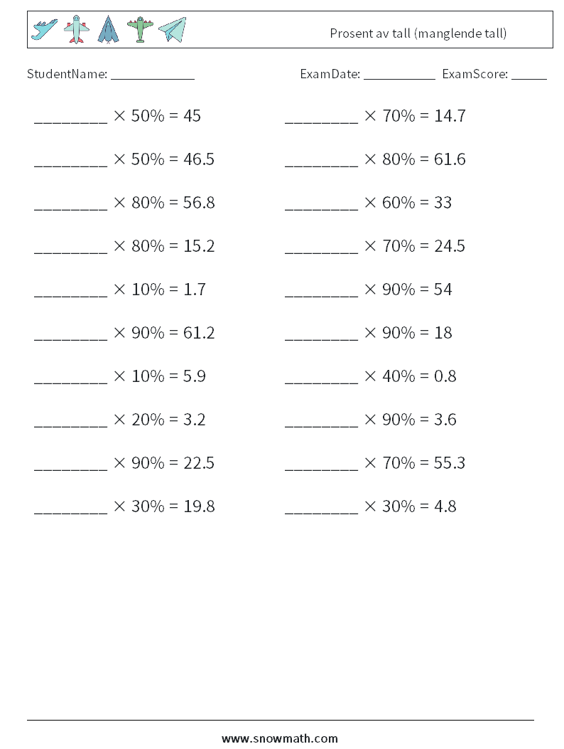 Prosent av tall (manglende tall) MathWorksheets 1