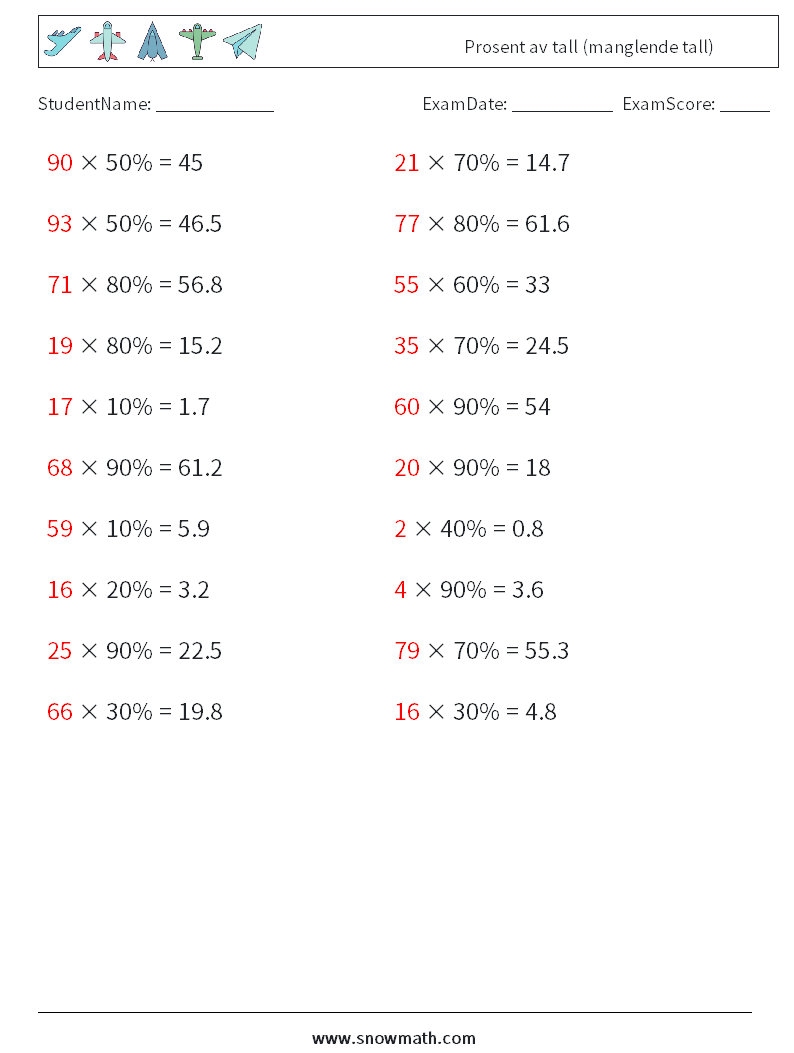 Prosent av tall (manglende tall) MathWorksheets 1 QuestionAnswer