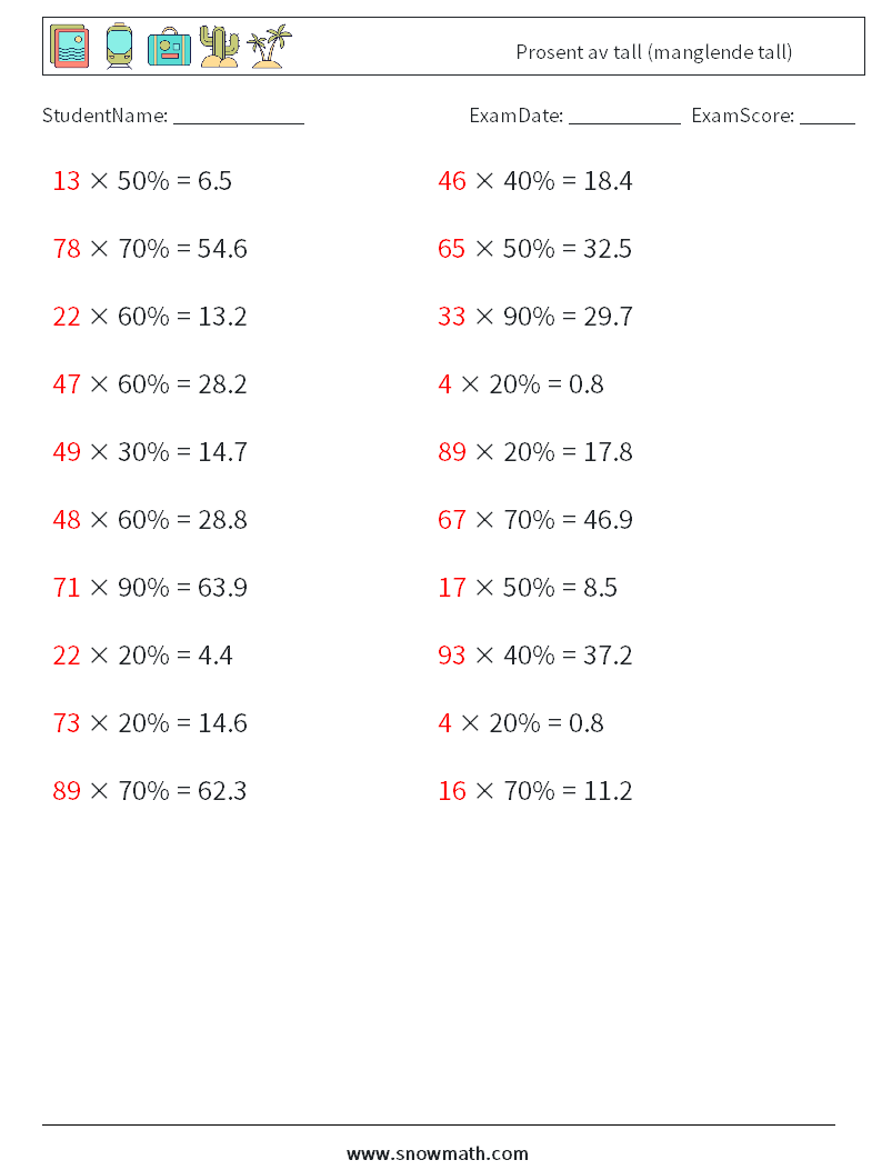 Prosent av tall (manglende tall) MathWorksheets 2 QuestionAnswer