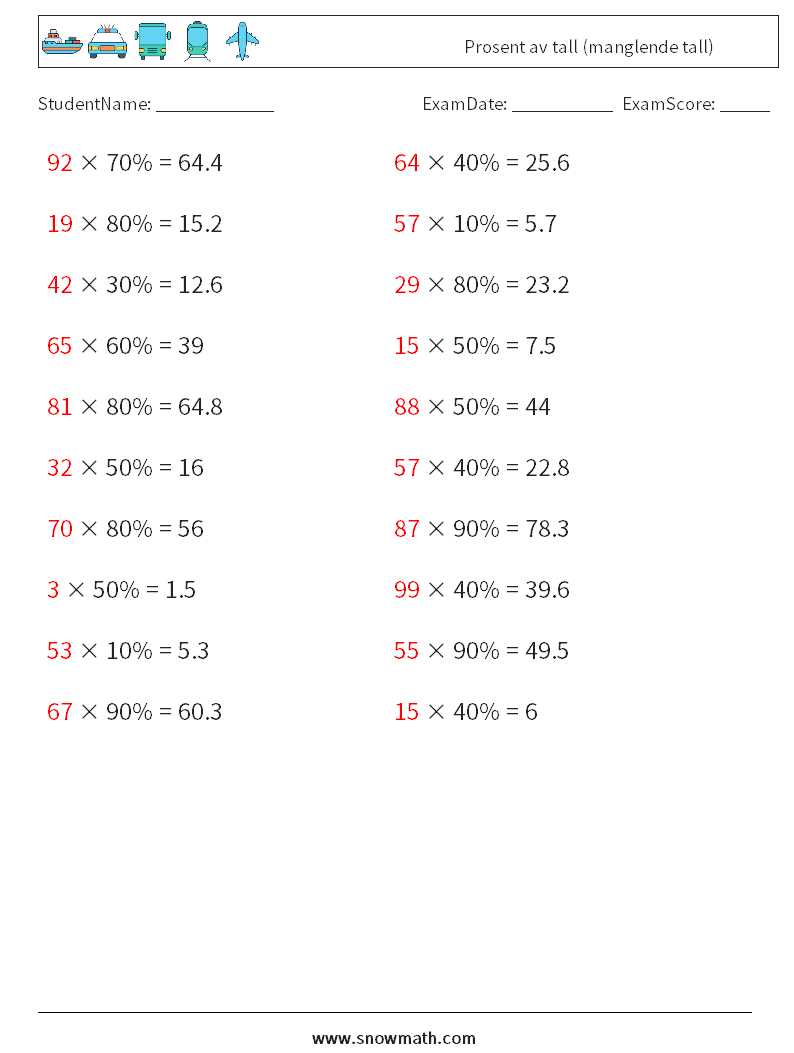 Prosent av tall (manglende tall) MathWorksheets 3 QuestionAnswer