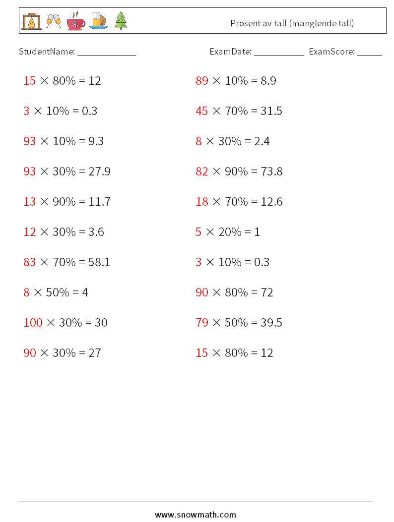 Prosent av tall (manglende tall) MathWorksheets 4 QuestionAnswer