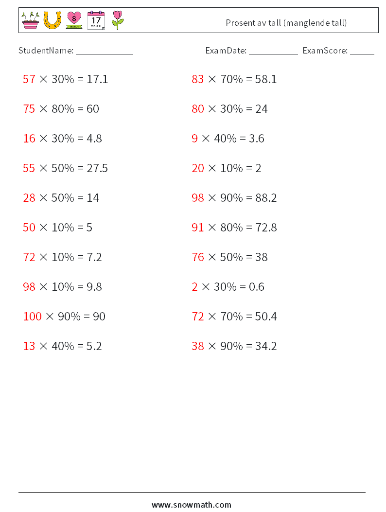 Prosent av tall (manglende tall) MathWorksheets 5 QuestionAnswer