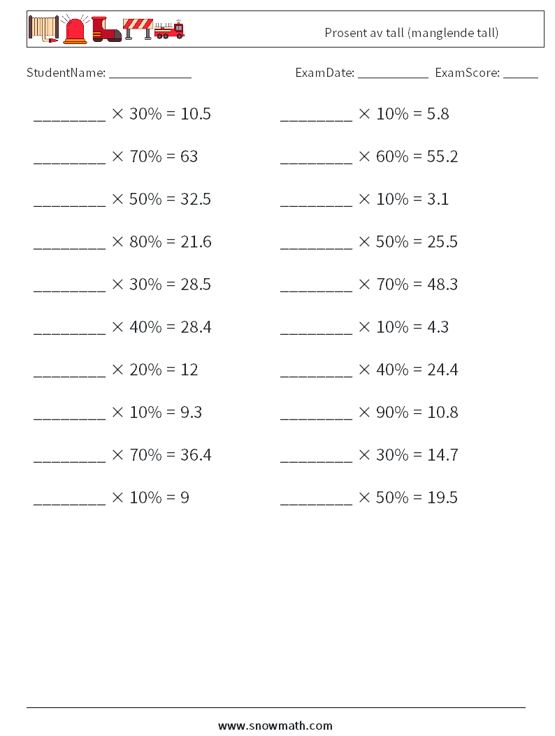 Prosent av tall (manglende tall) MathWorksheets 6