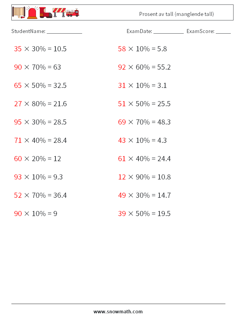 Prosent av tall (manglende tall) MathWorksheets 6 QuestionAnswer