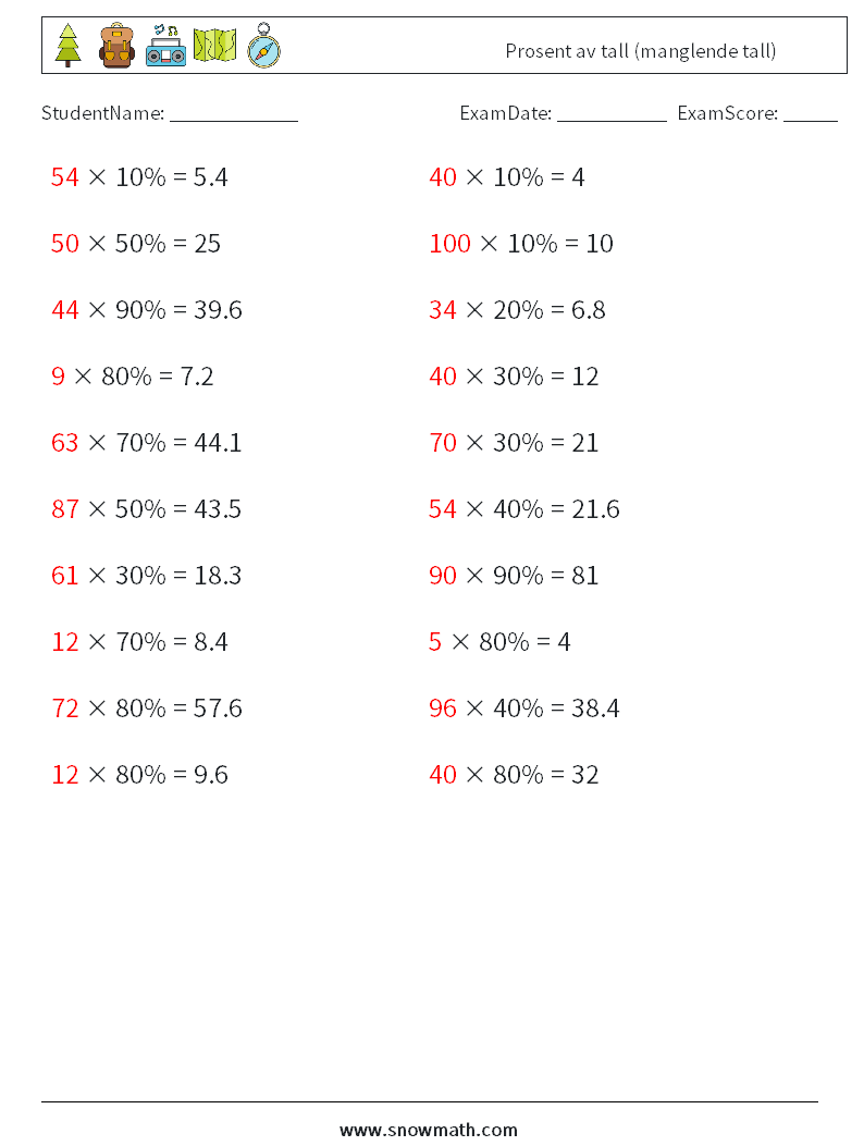 Prosent av tall (manglende tall) MathWorksheets 7 QuestionAnswer