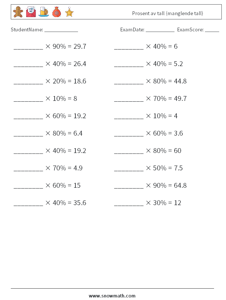 Prosent av tall (manglende tall) MathWorksheets 8