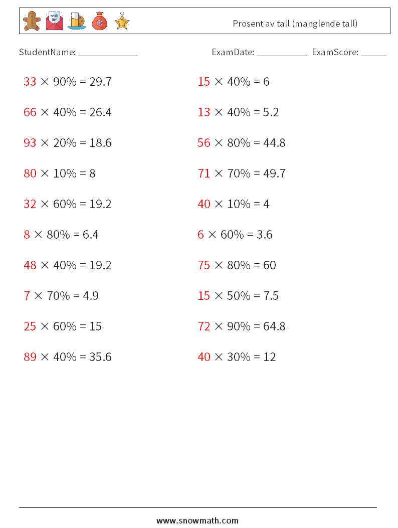 Prosent av tall (manglende tall) MathWorksheets 8 QuestionAnswer