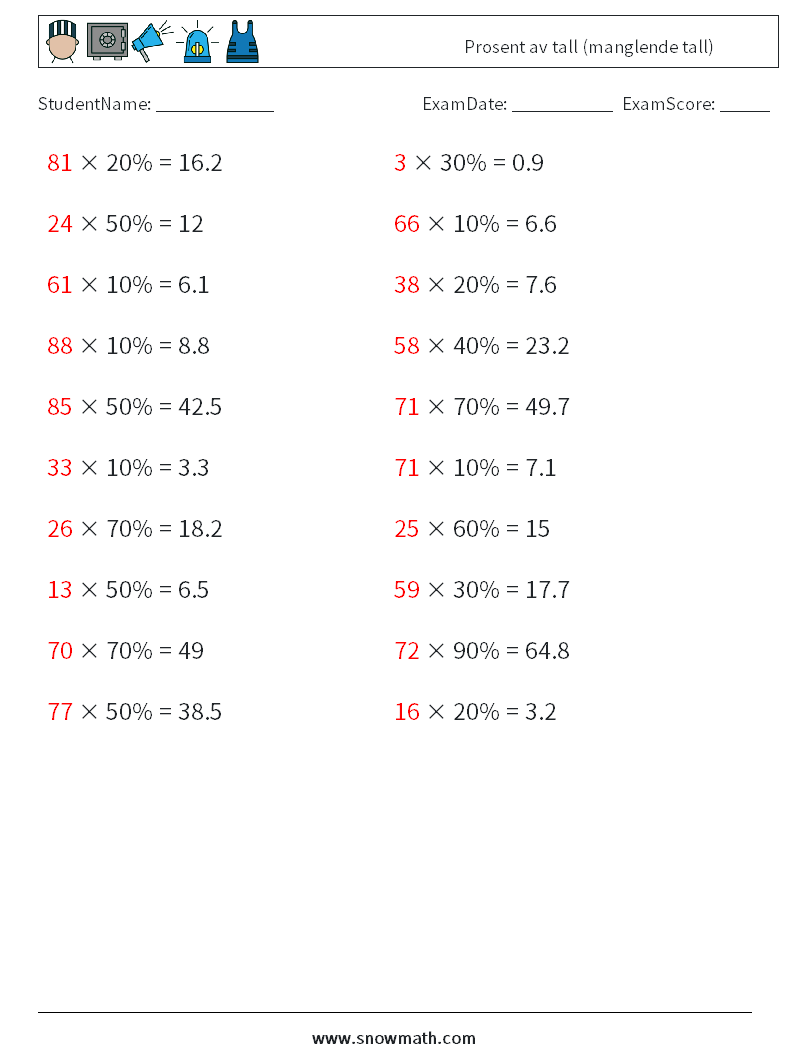 Prosent av tall (manglende tall) MathWorksheets 9 QuestionAnswer