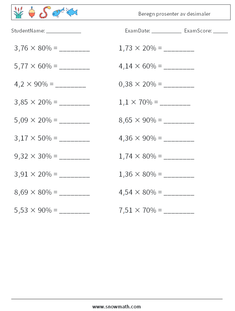 Beregn prosenter av desimaler MathWorksheets 2