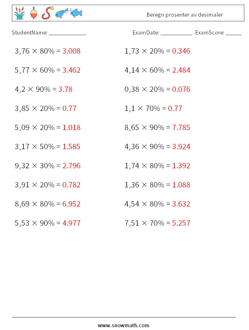 Beregn prosenter av desimaler MathWorksheets 2 QuestionAnswer