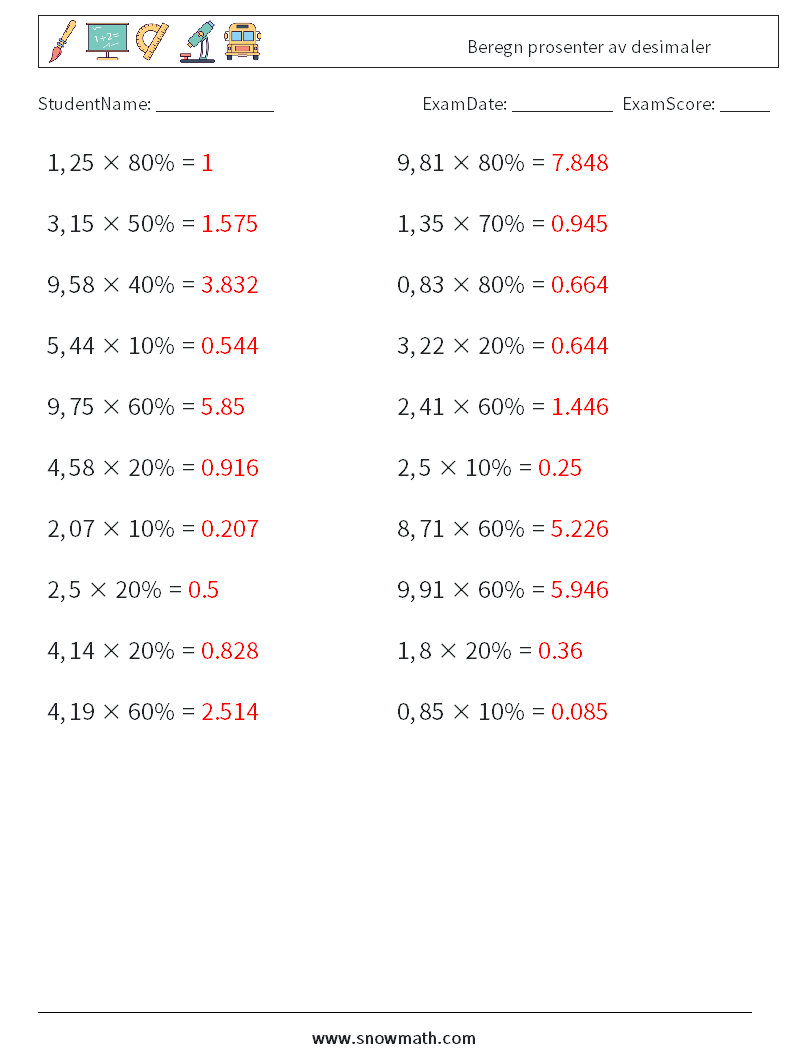 Beregn prosenter av desimaler MathWorksheets 3 QuestionAnswer