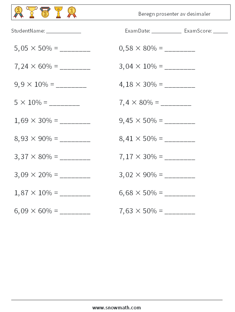 Beregn prosenter av desimaler MathWorksheets 4