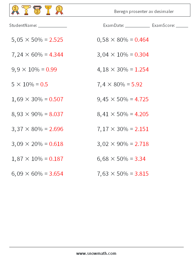 Beregn prosenter av desimaler MathWorksheets 4 QuestionAnswer