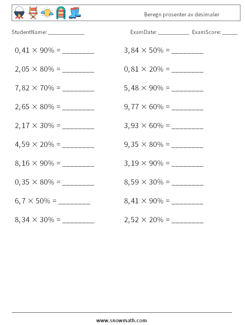 Beregn prosenter av desimaler MathWorksheets 5