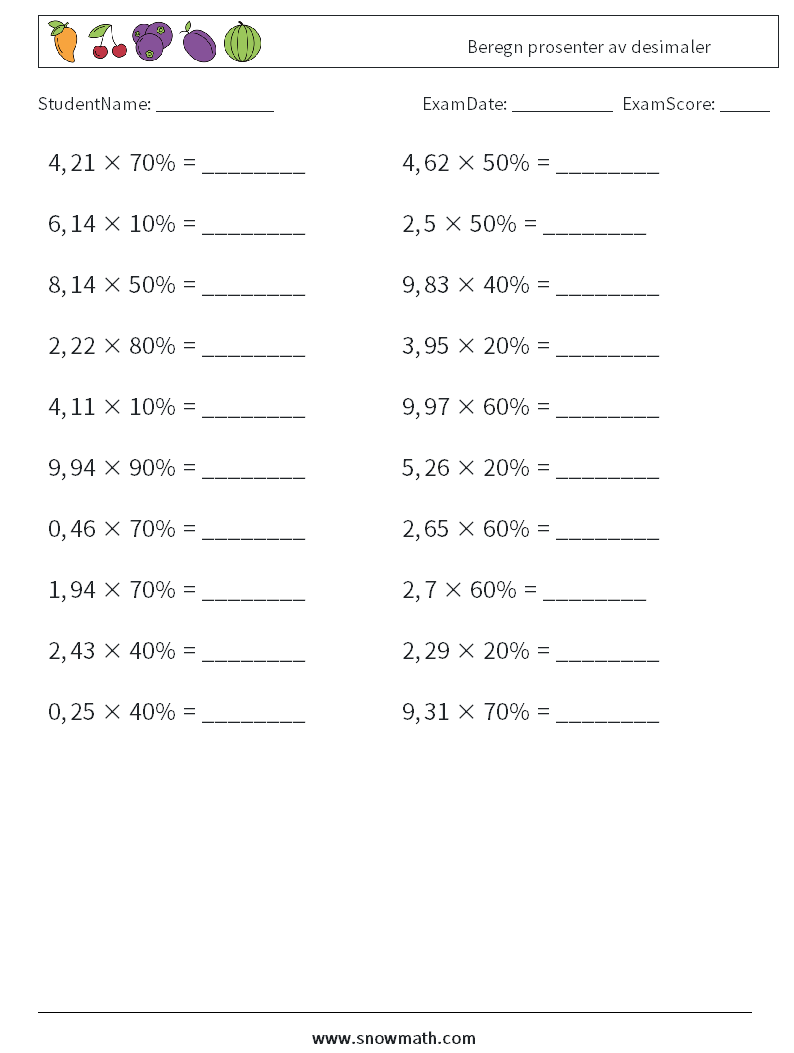 Beregn prosenter av desimaler MathWorksheets 6