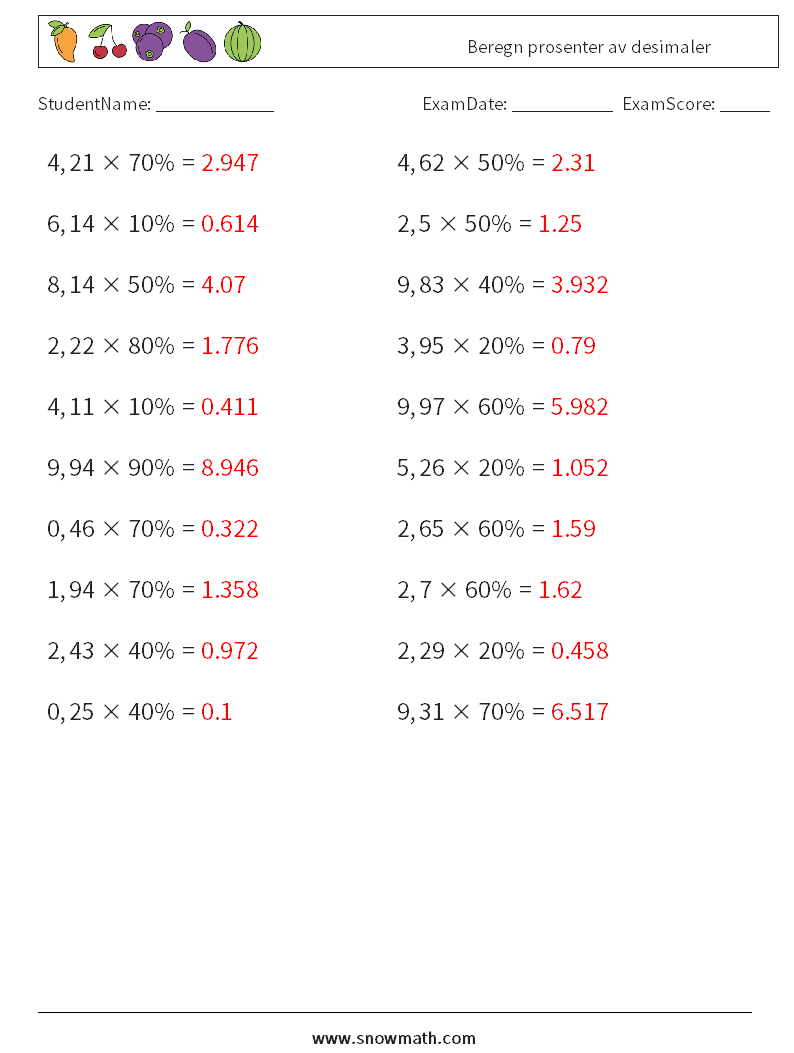 Beregn prosenter av desimaler MathWorksheets 6 QuestionAnswer