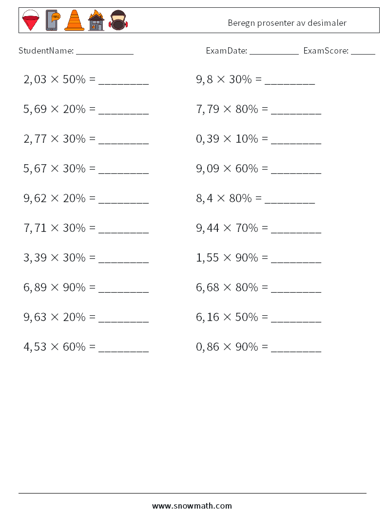 Beregn prosenter av desimaler MathWorksheets 8