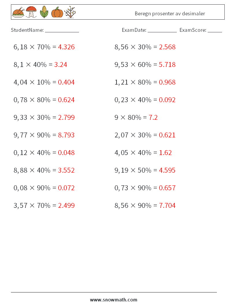 Beregn prosenter av desimaler MathWorksheets 9 QuestionAnswer