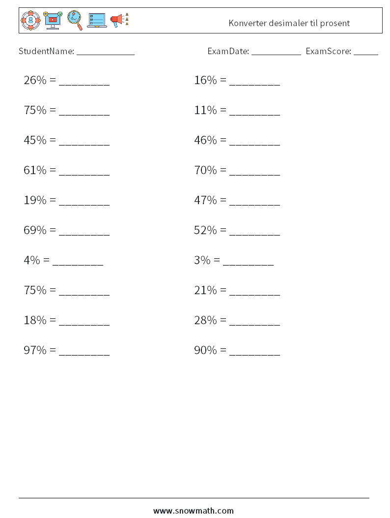 Konverter desimaler til prosent MathWorksheets 3