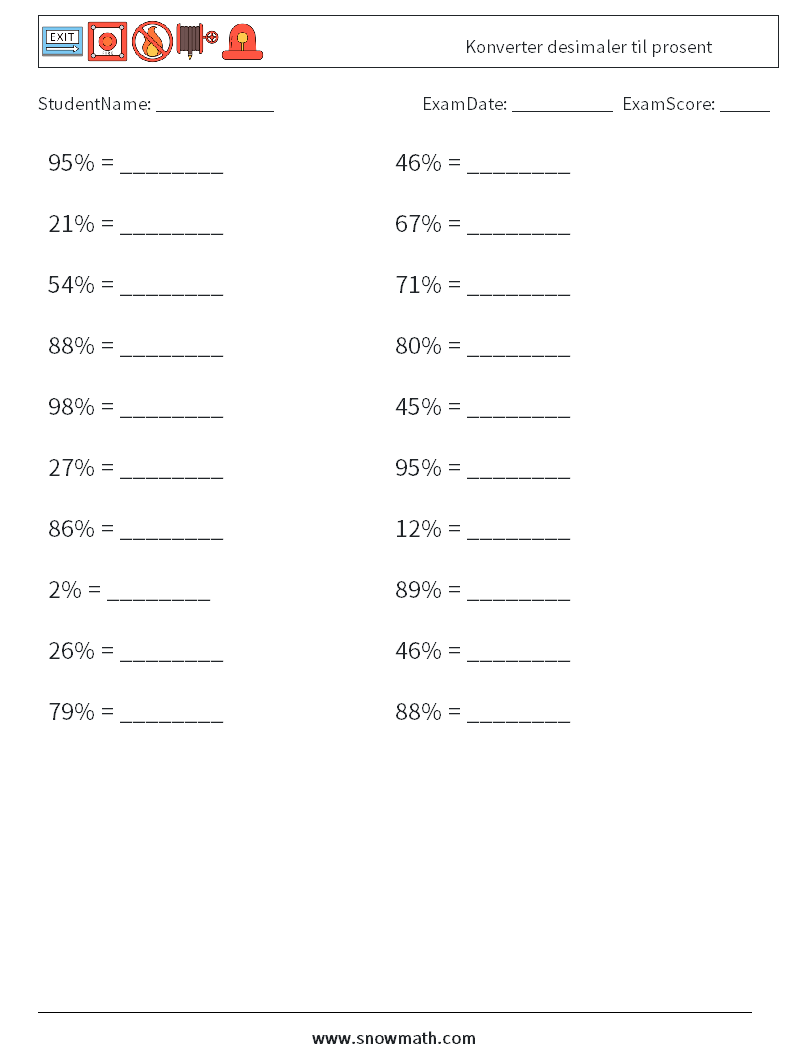 Konverter desimaler til prosent MathWorksheets 4