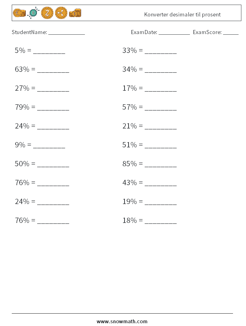 Konverter desimaler til prosent MathWorksheets 6