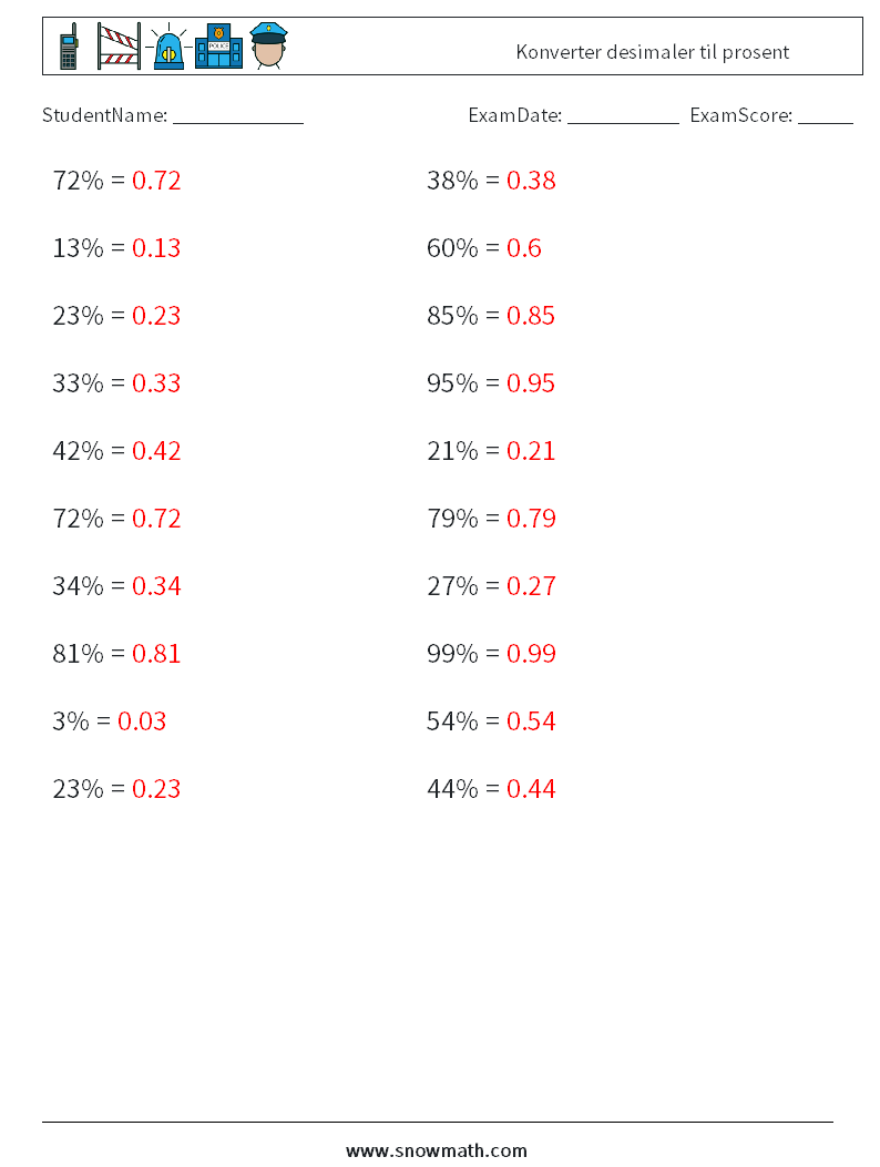 Konverter desimaler til prosent MathWorksheets 8 QuestionAnswer