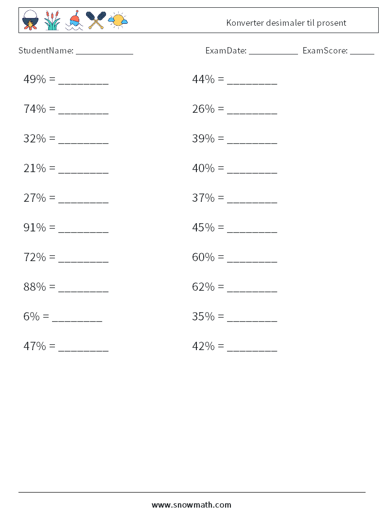 Konverter desimaler til prosent MathWorksheets 9