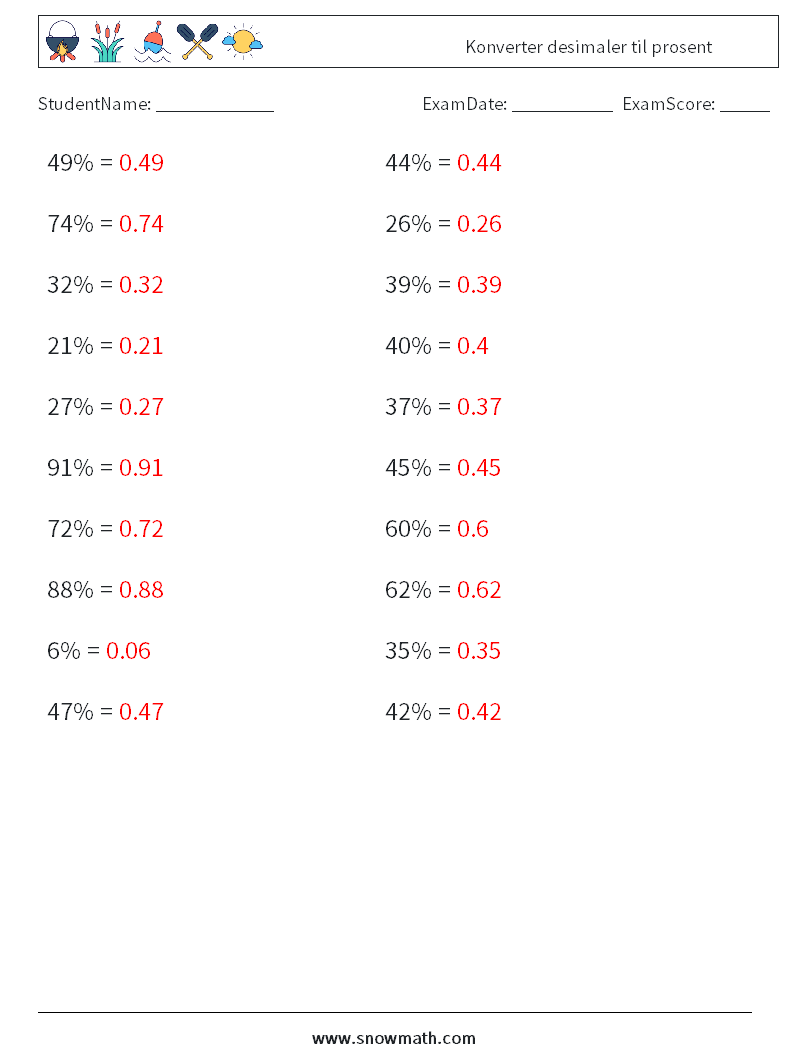 Konverter desimaler til prosent MathWorksheets 9 QuestionAnswer