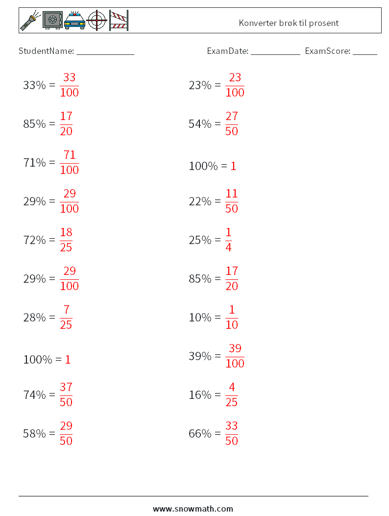 Konverter brøk til prosent MathWorksheets 3 QuestionAnswer