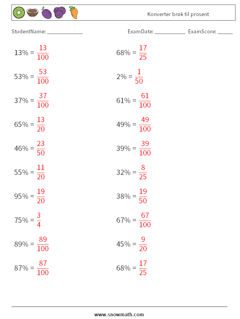 Konverter brøk til prosent MathWorksheets 5 QuestionAnswer