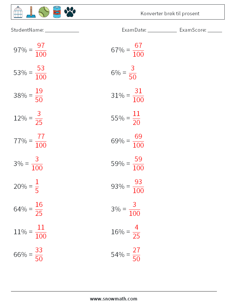 Konverter brøk til prosent MathWorksheets 6 QuestionAnswer