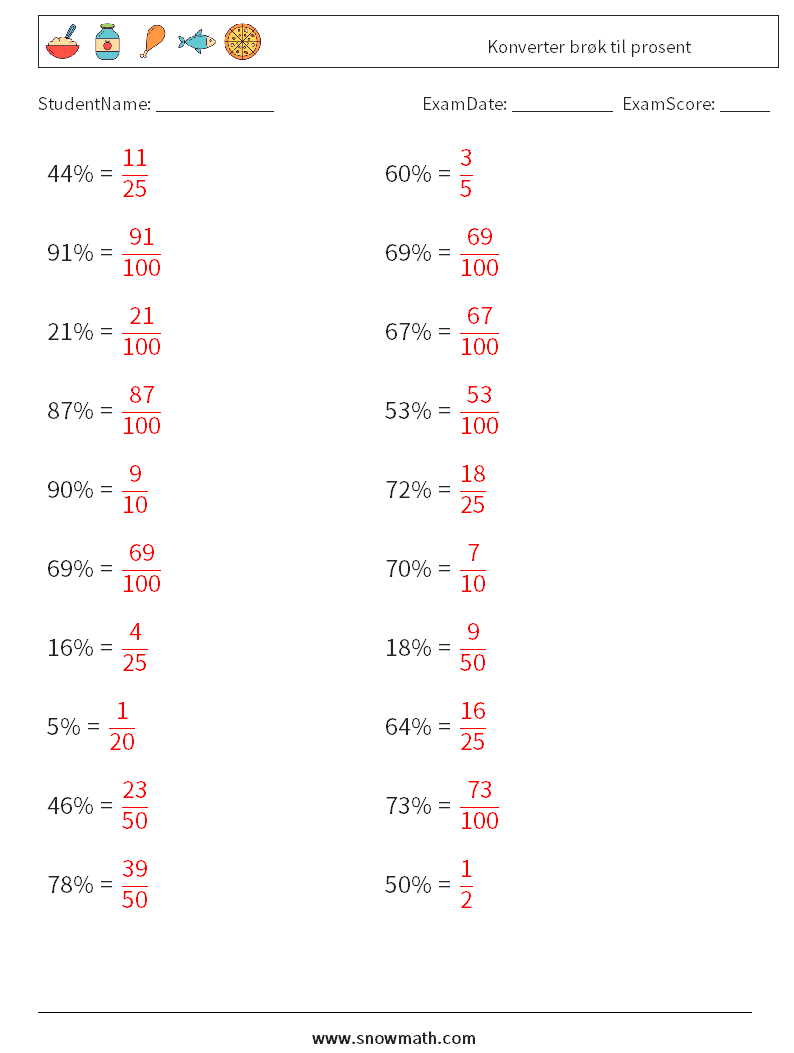 Konverter brøk til prosent MathWorksheets 7 QuestionAnswer