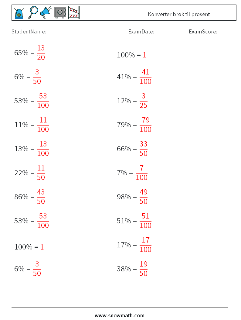 Konverter brøk til prosent MathWorksheets 9 QuestionAnswer