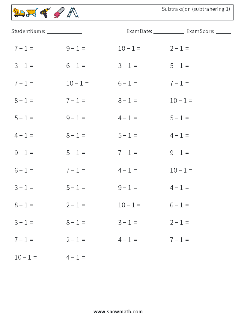 (50) Subtraksjon (subtrahering 1) MathWorksheets 1