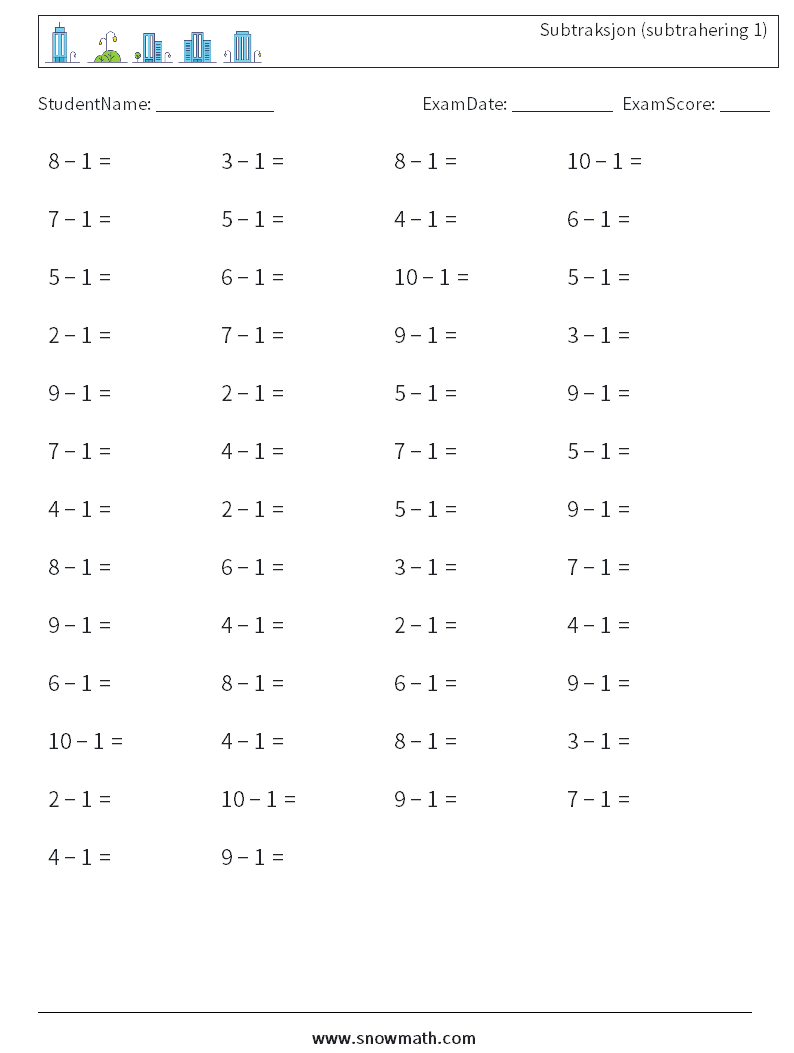 (50) Subtraksjon (subtrahering 1) MathWorksheets 3