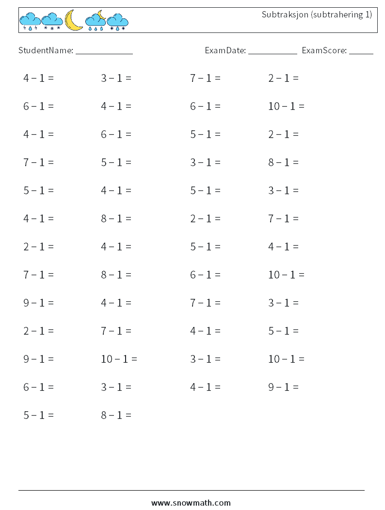 (50) Subtraksjon (subtrahering 1) MathWorksheets 7