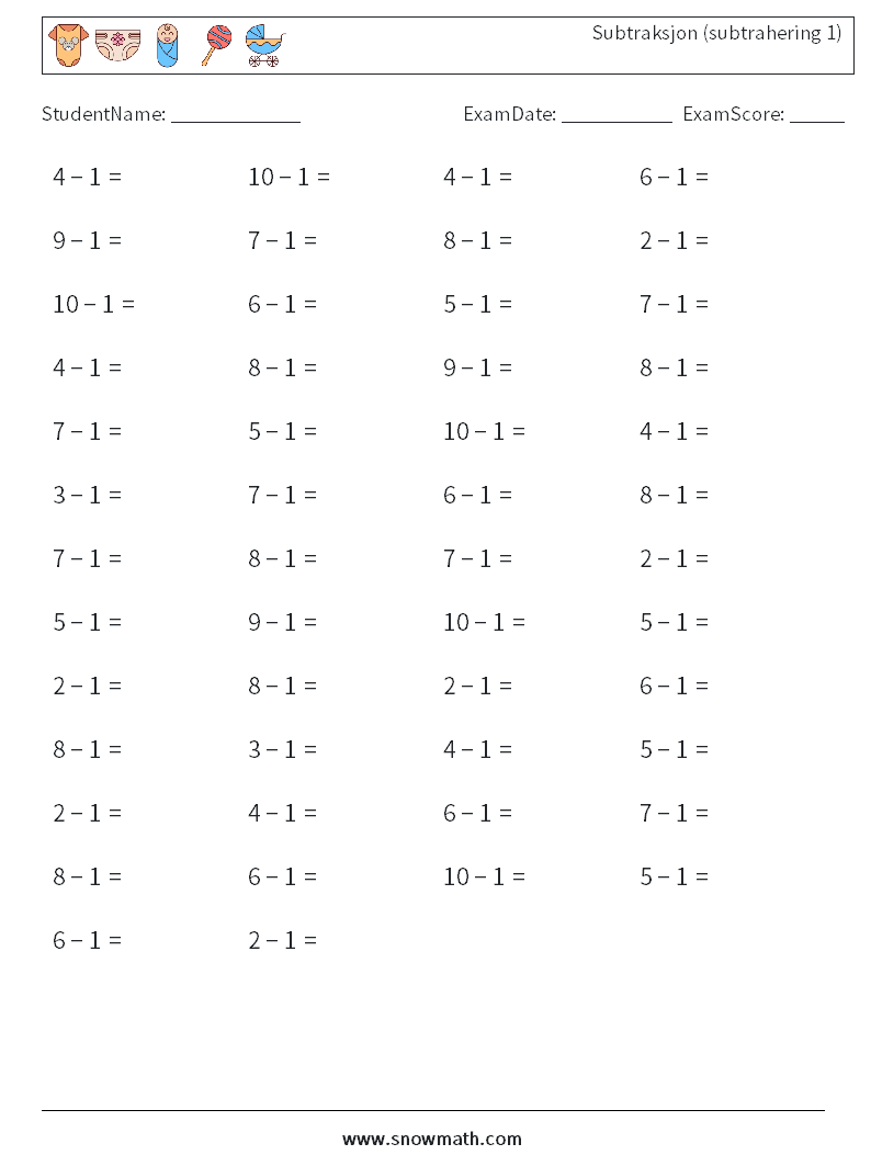 (50) Subtraksjon (subtrahering 1) MathWorksheets 8