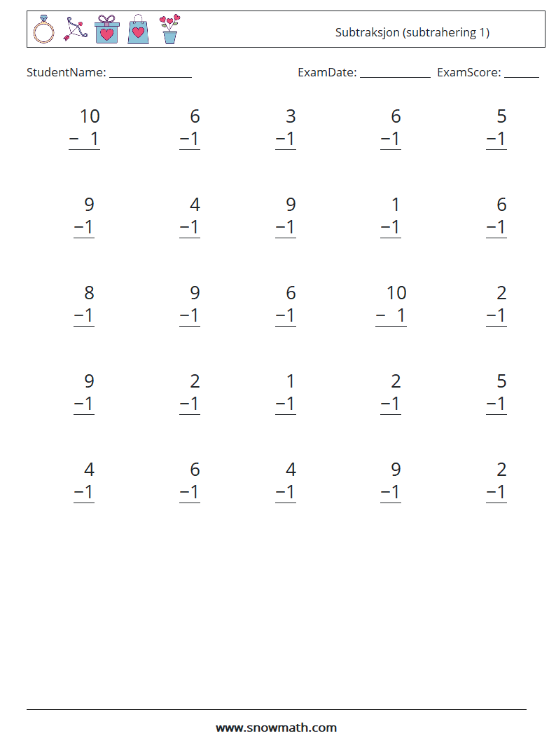 (25) Subtraksjon (subtrahering 1) MathWorksheets 1