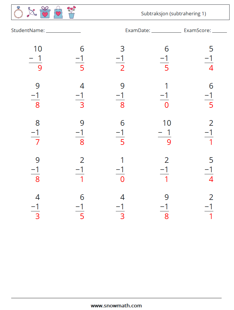 (25) Subtraksjon (subtrahering 1) MathWorksheets 1 QuestionAnswer