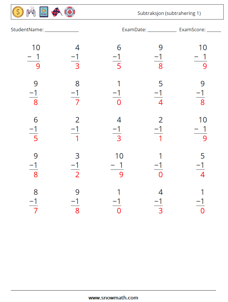 (25) Subtraksjon (subtrahering 1) MathWorksheets 2 QuestionAnswer