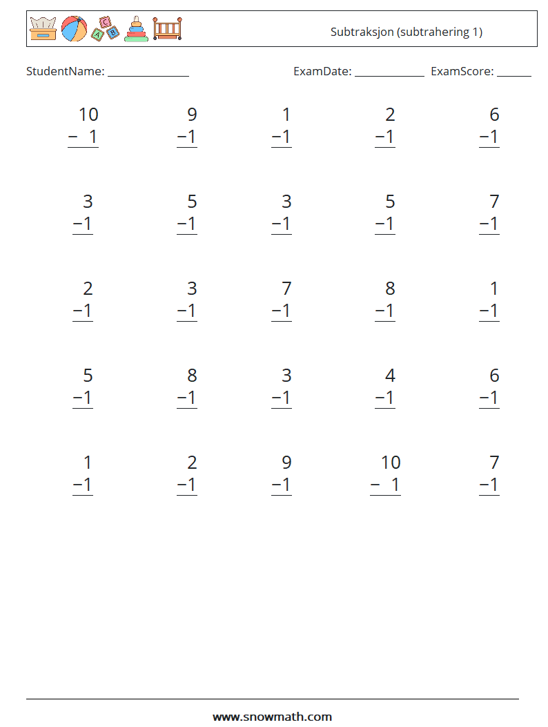 (25) Subtraksjon (subtrahering 1) MathWorksheets 3