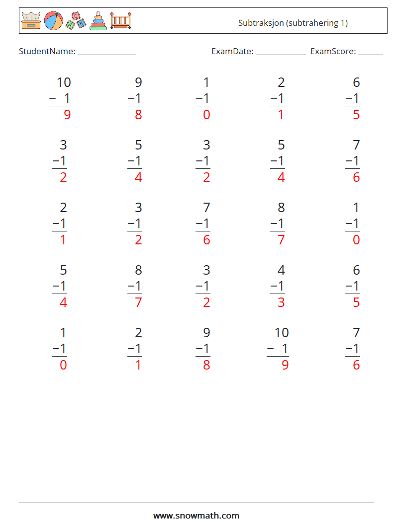 (25) Subtraksjon (subtrahering 1) MathWorksheets 3 QuestionAnswer