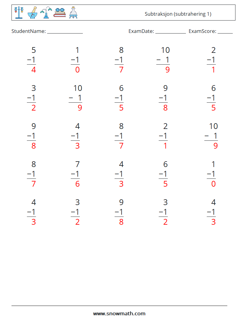 (25) Subtraksjon (subtrahering 1) MathWorksheets 4 QuestionAnswer