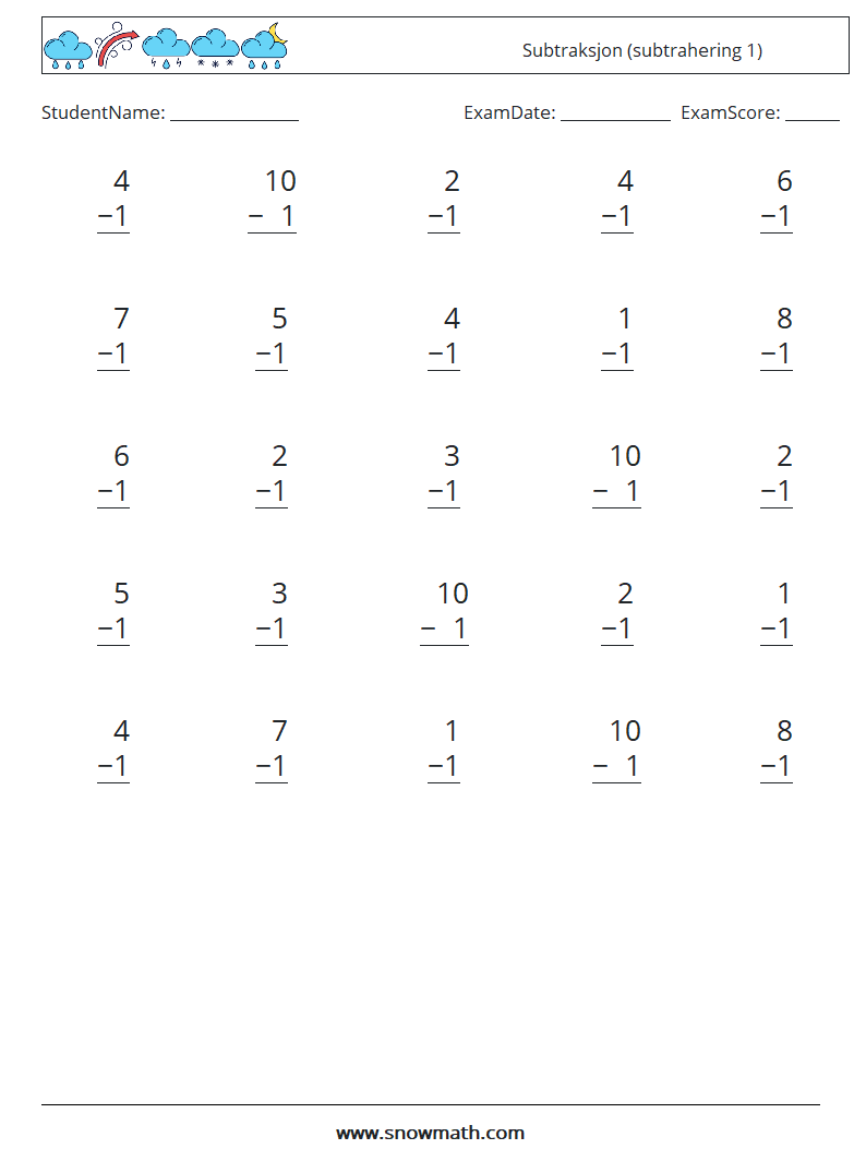 (25) Subtraksjon (subtrahering 1) MathWorksheets 5