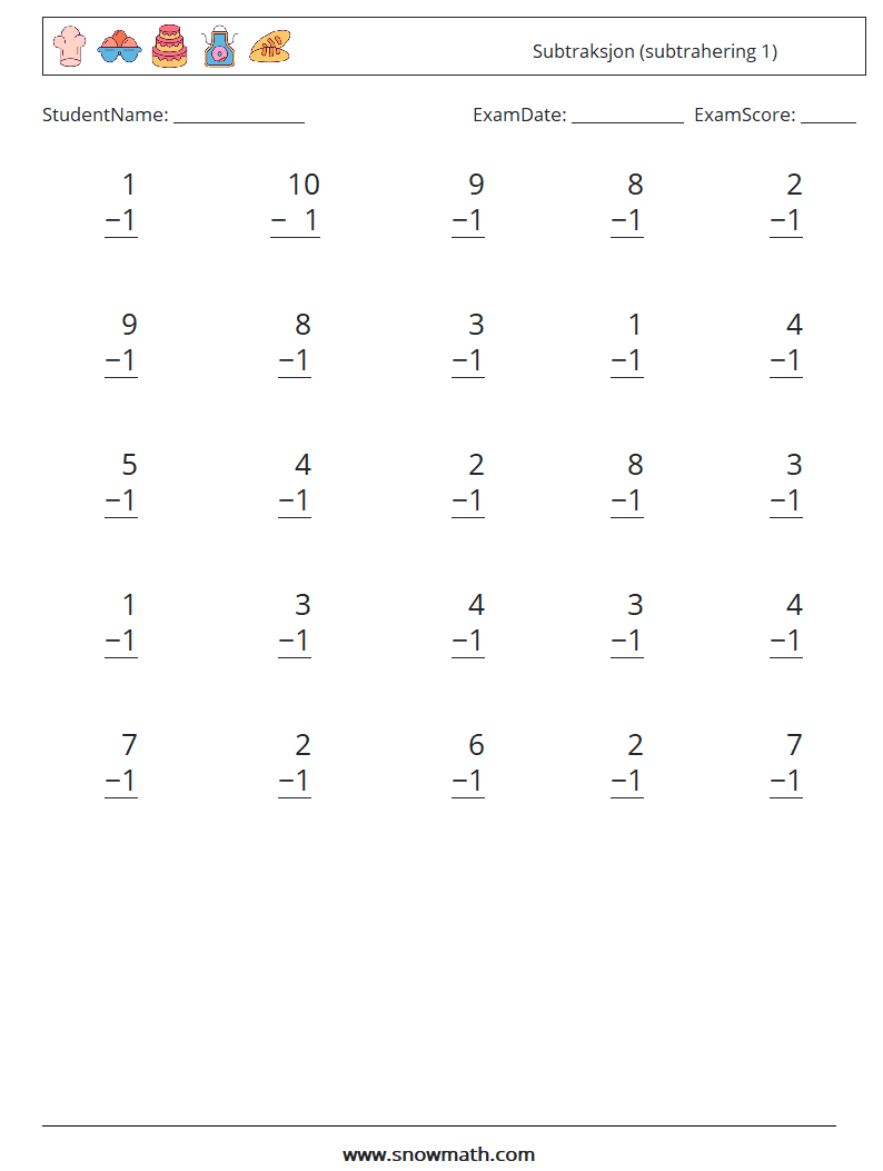 (25) Subtraksjon (subtrahering 1) MathWorksheets 6